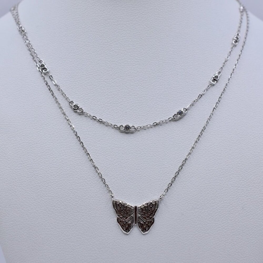What A Life 925 Sterling Silver Butterfly Shape Double Chain Necklace